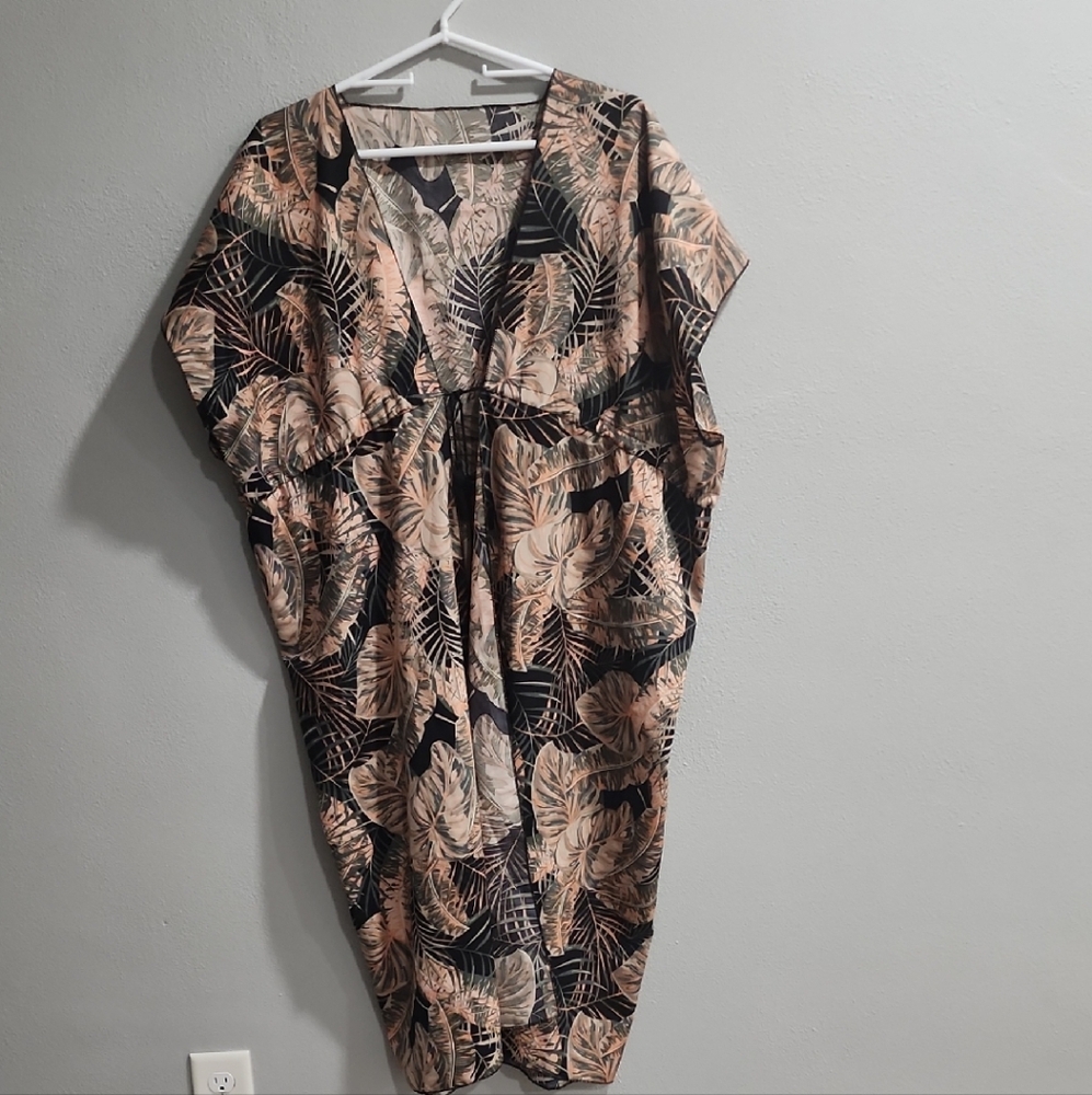 Tropical Leaf Print Kimono Dress
